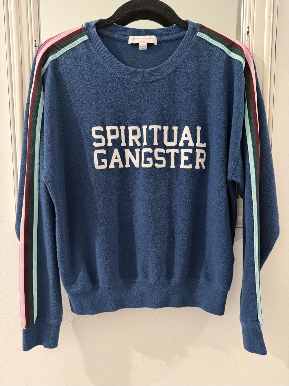 Spiritual Gangster Crewneck Sweater with Multi Color Stripes on Sleeves
